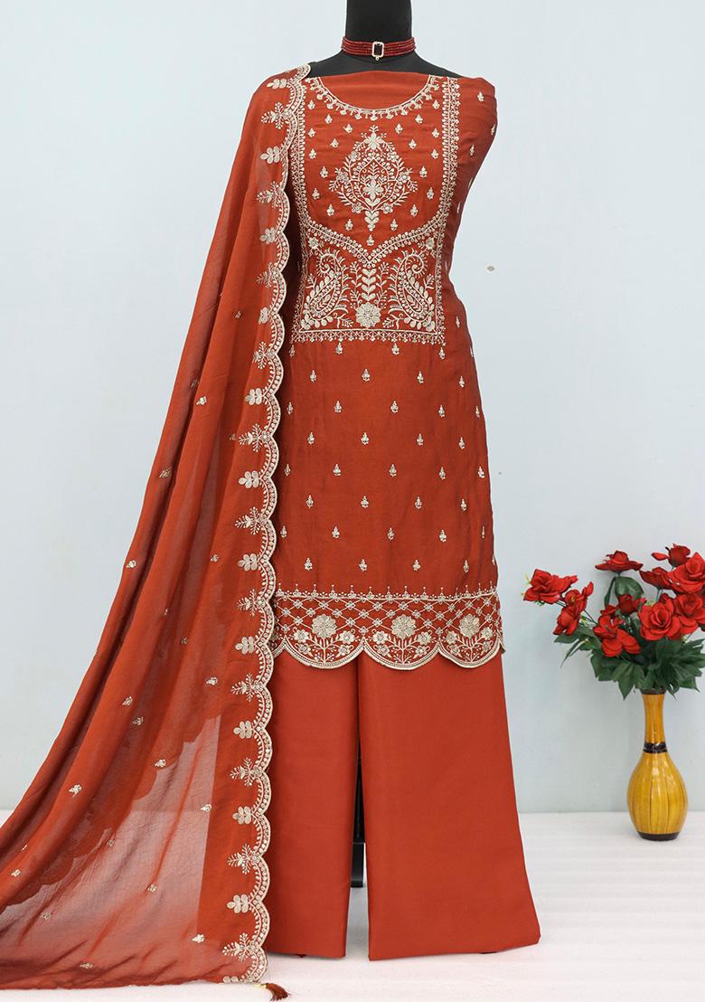 Orange Embroidery Silk Salwar Suit Set - Indya