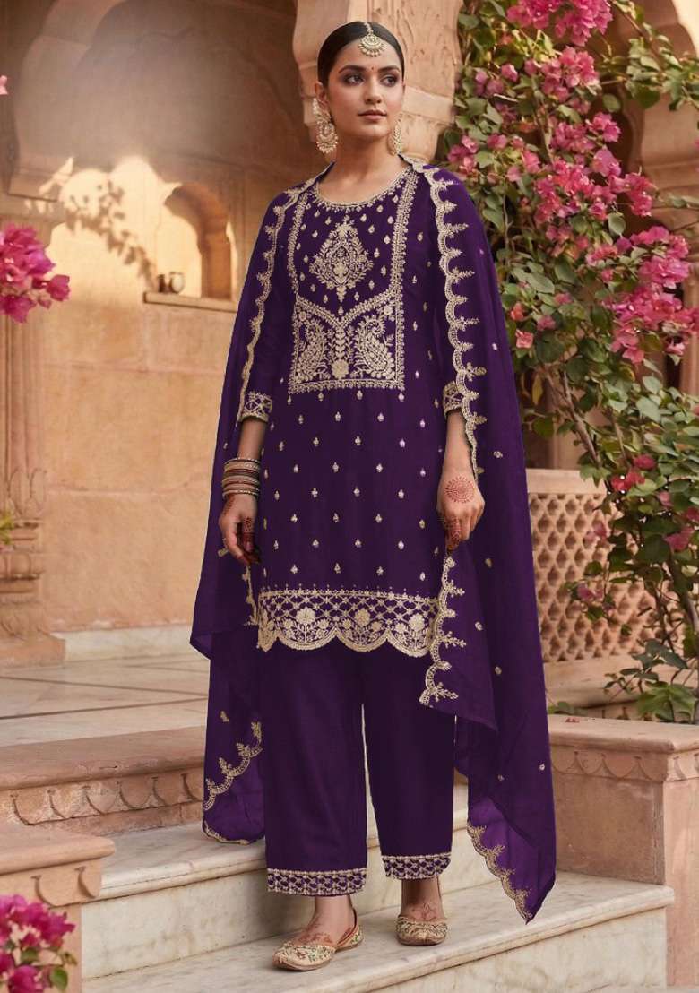 Purple Embroidery Silk Blend Salwar Suit Set - Indya