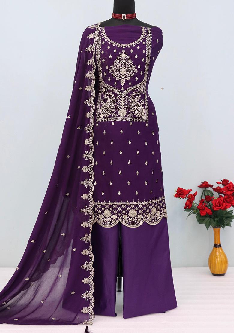 Purple Embroidery Silk Salwar Suit Set - Indya