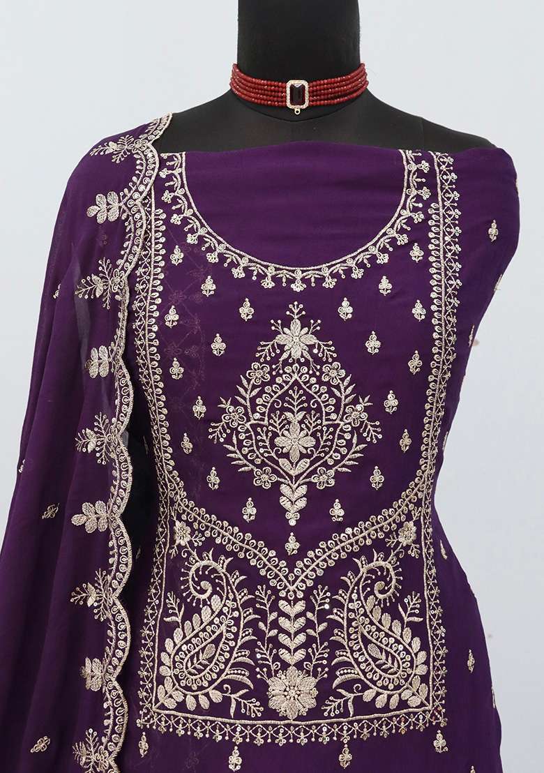 Purple Embroidery Silk Blend Salwar Suit Set - Indya