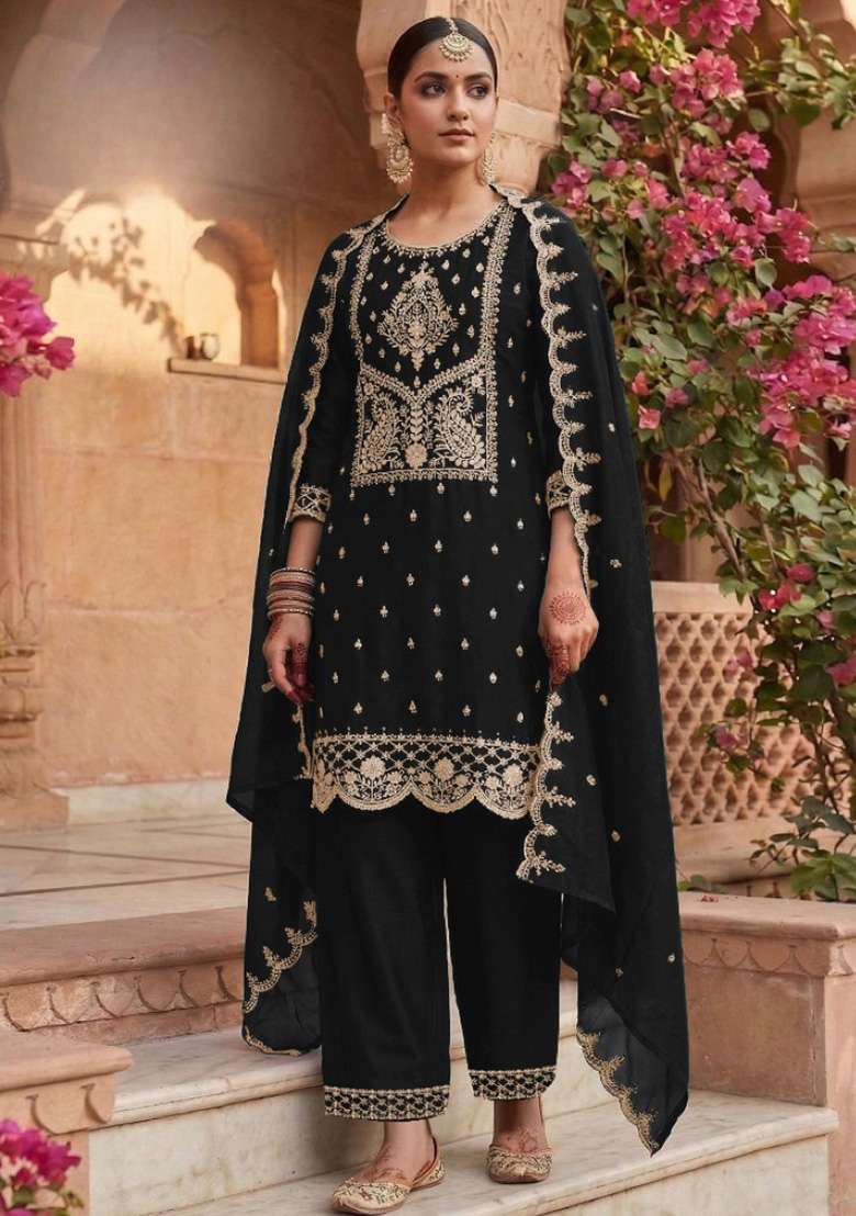 Black Embroidery Silk Blend Salwar Suit Set - Indya