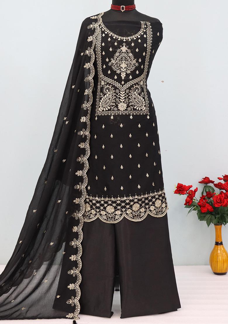 Black Embroidery Silk Salwar Suit Set - Indya