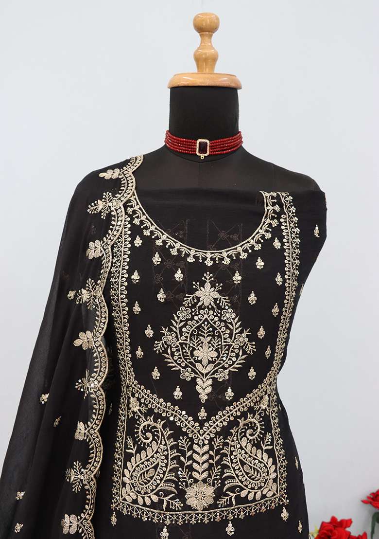 Black Embroidery Silk Blend Salwar Suit Set - Indya