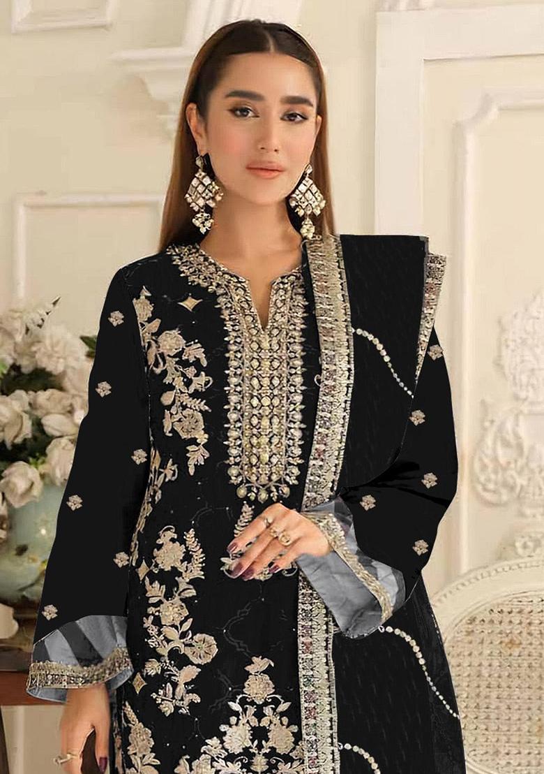 Black Embroidery Silk Salwar Suit Set - Indya