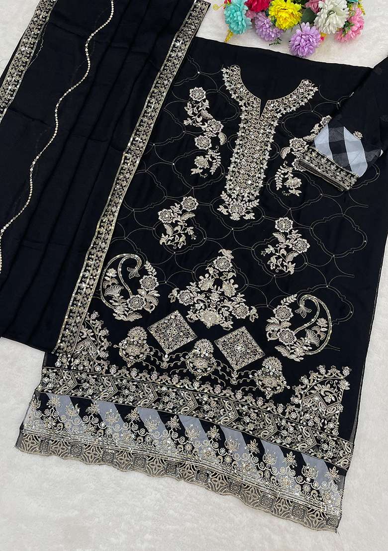 Black Embroidery Silk Blend Salwar Suit Set - Indya