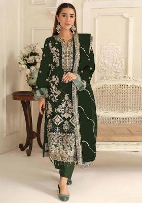 Dark Green Embroidery Silk Salwar Suit Set