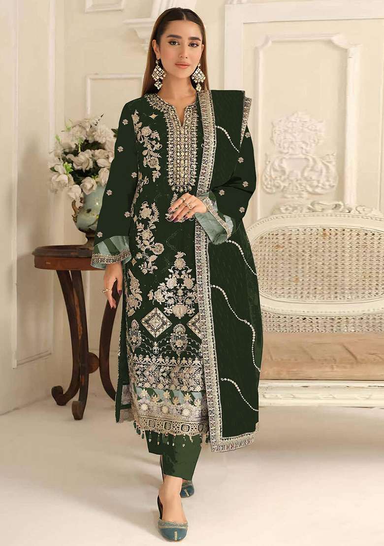 Dark Green Embroidery Silk Blend Salwar Suit Set - Indya