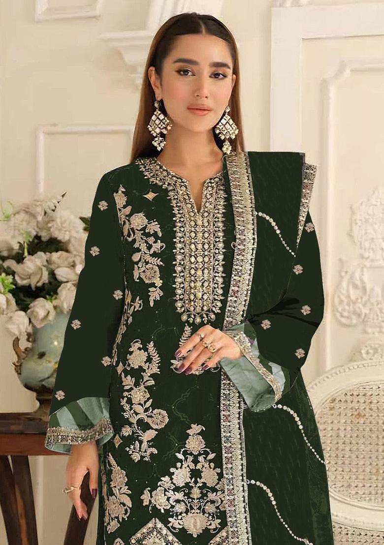 Dark Green Embroidery Silk Salwar Suit Set - Indya