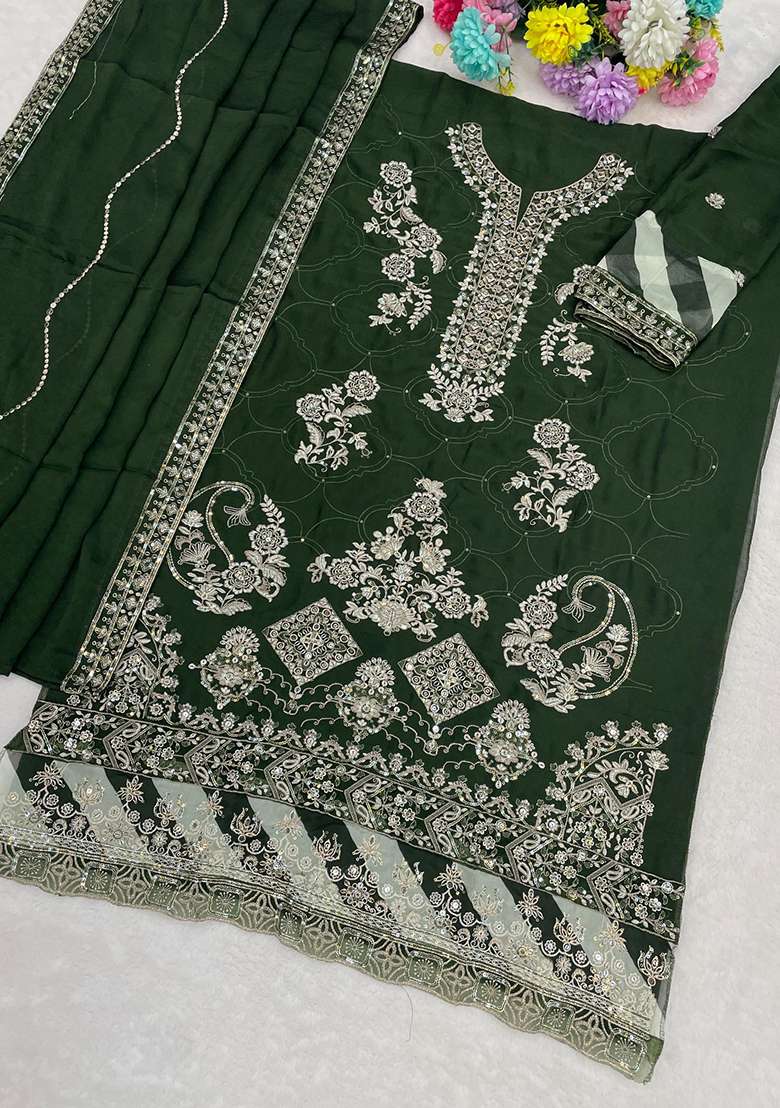 Dark Green Embroidery Silk Blend Salwar Suit Set - Indya