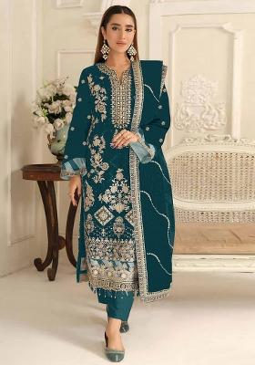 Teal Blue Embroidery Silk Salwar Suit Set