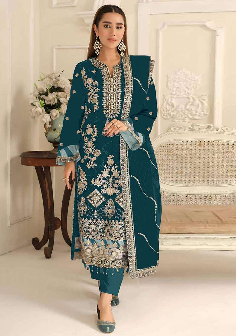 Teal Blue Embroidery Silk Blend Salwar Suit Set - Indya
