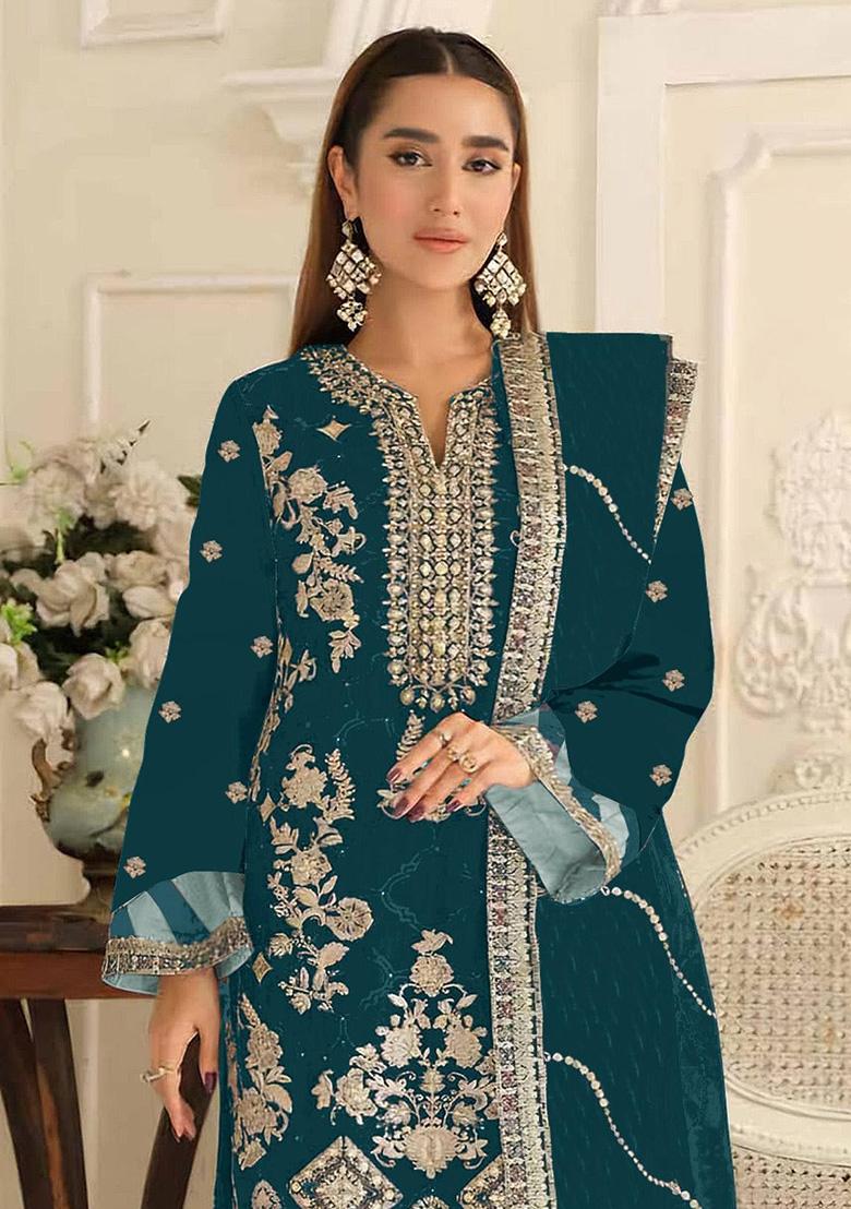 Teal Blue Embroidery Silk Salwar Suit Set - Indya
