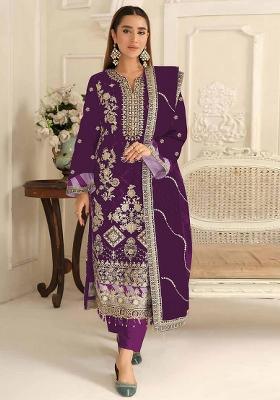Purple Embroidery Silk Salwar Suit Set