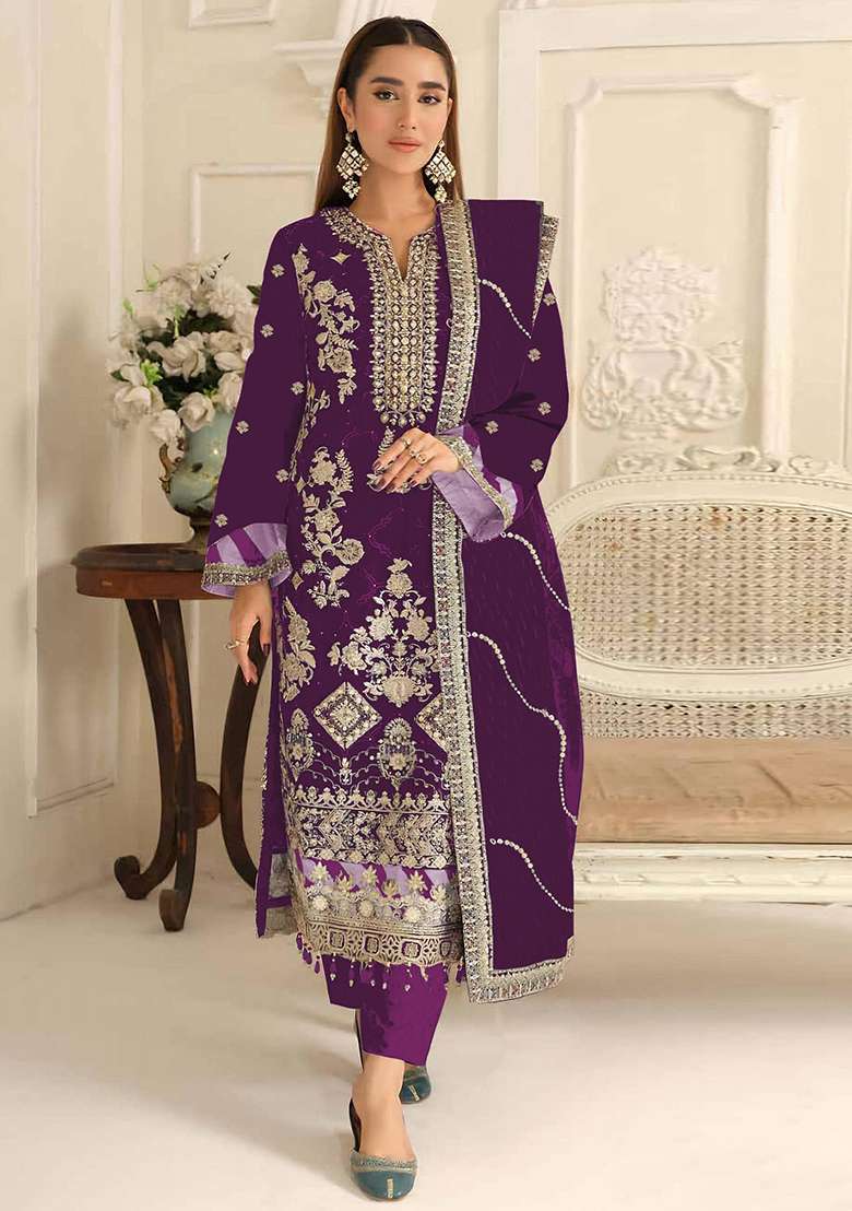 Purple Embroidery Silk Blend Salwar Suit Set - Indya