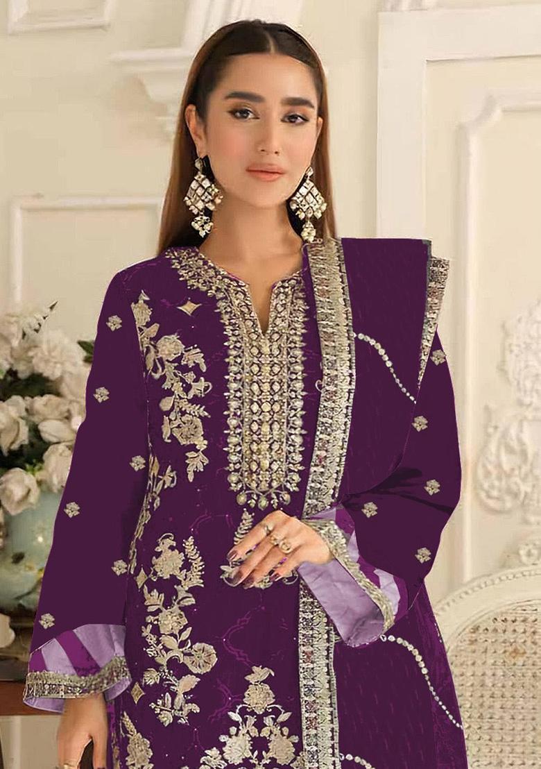 Purple Embroidery Silk Salwar Suit Set - Indya