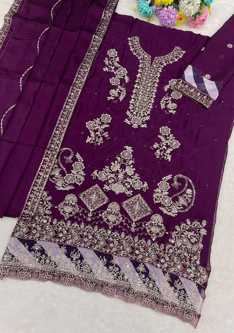 Purple Embroidery Silk Blend Salwar Suit Set - Indya