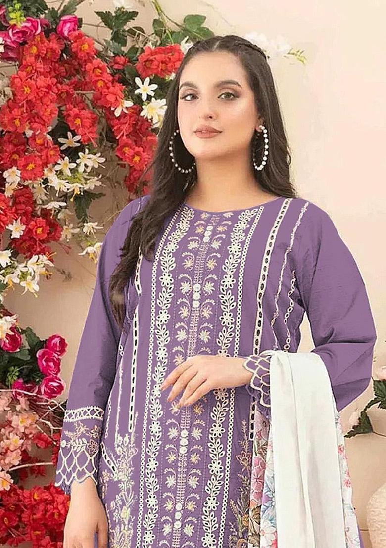 Purple Embroidery Cambric Salwar Suit Set - Indya