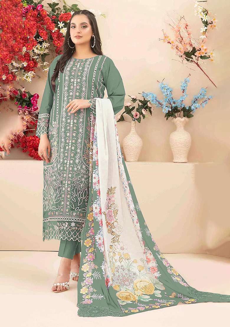 Sea Green Embroidery Cambric Salwar Suit Set - Indya