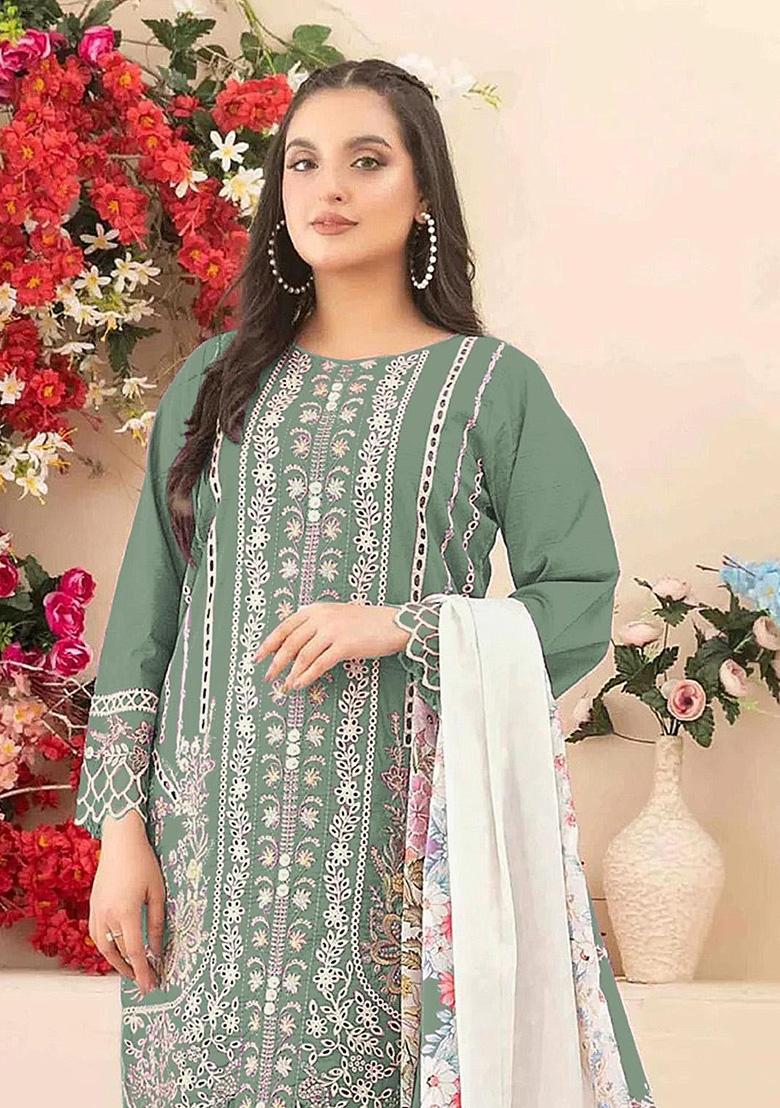 Sea Green Embroidery Cambric Salwar Suit Set - Indya