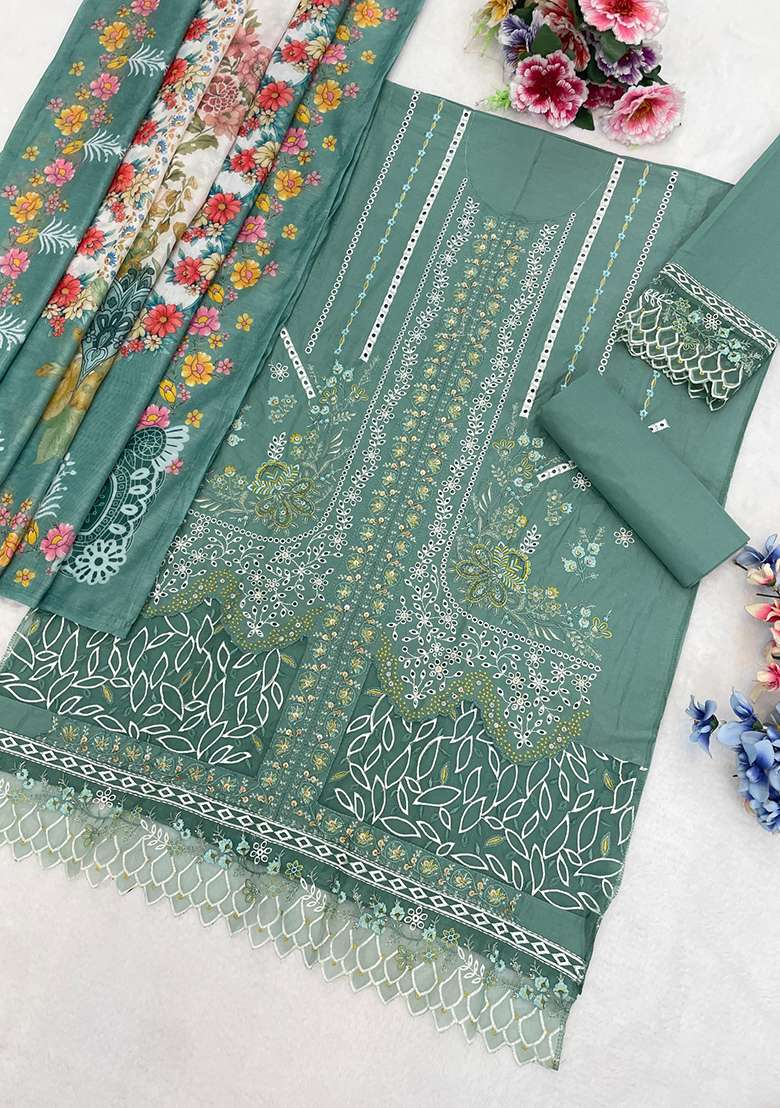 Sea Green Embroidery Cambric Salwar Suit Set - Indya