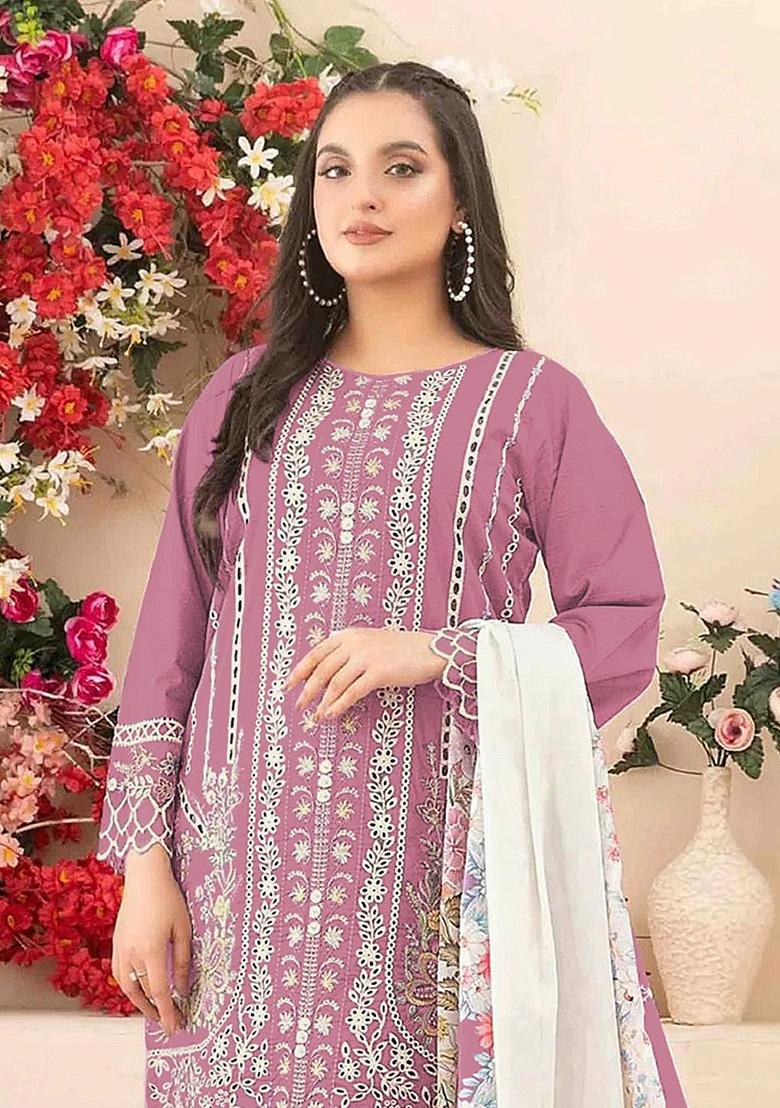 Pink Embroidery Cambric Salwar Suit Set - Indya