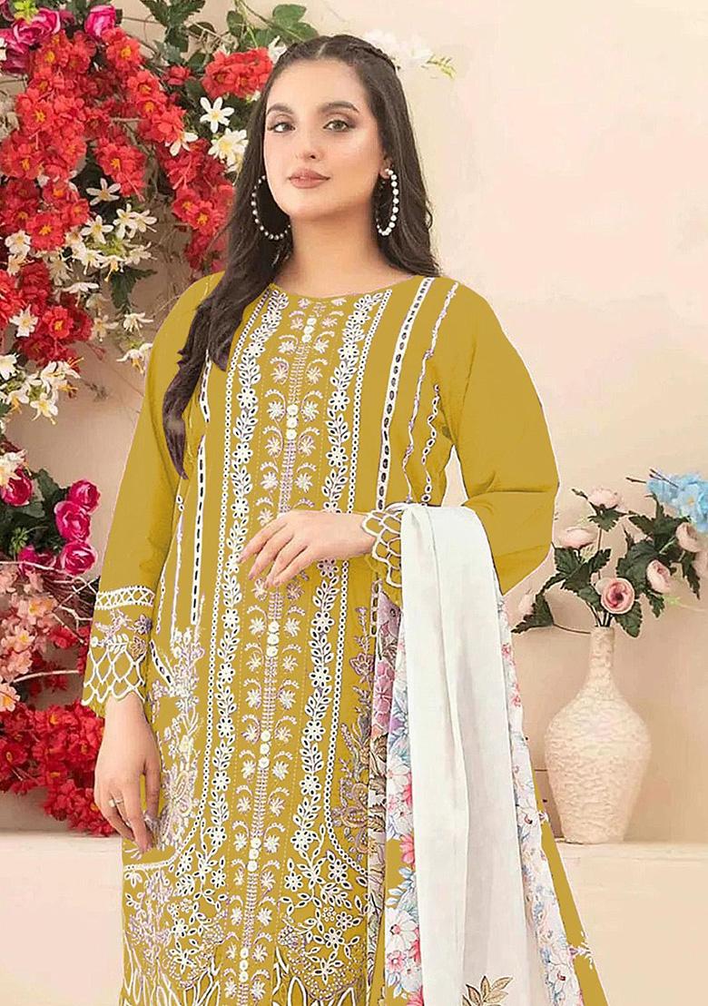 Yellow Embroidery Cambric Salwar Suit Set - Indya
