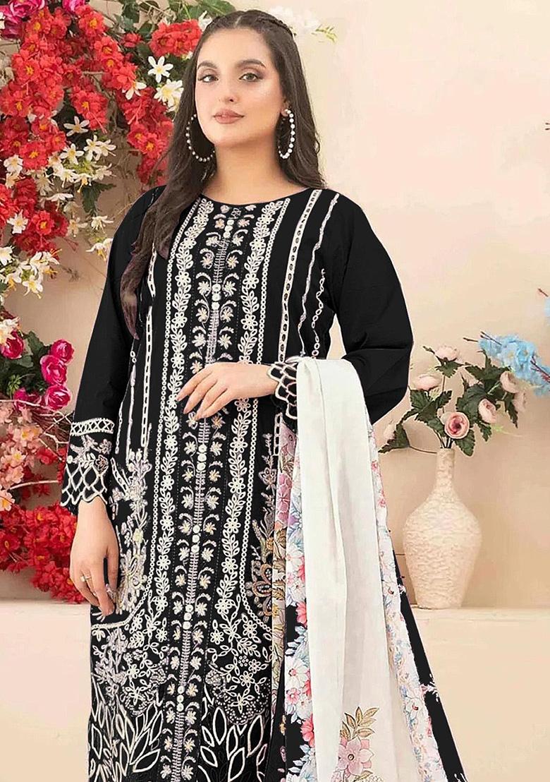 Black Embroidery Cambric Salwar Suit Set - Indya