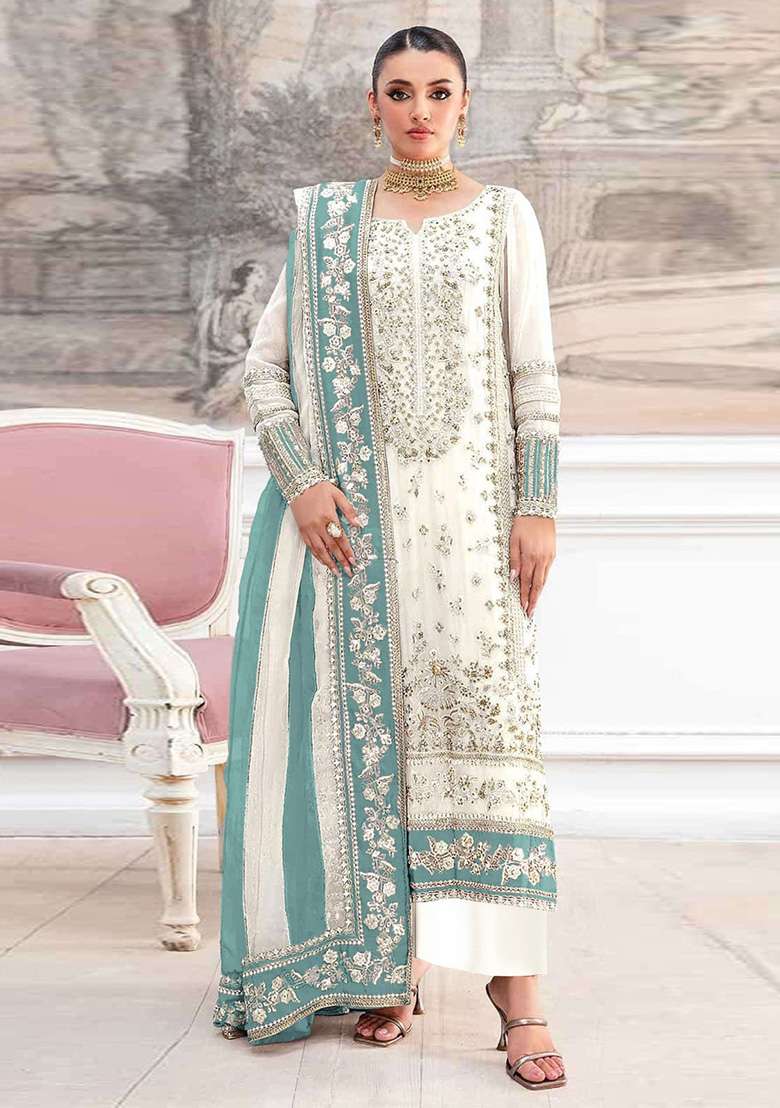 White Embroidery Silk Blend Salwar Suit Set - Indya