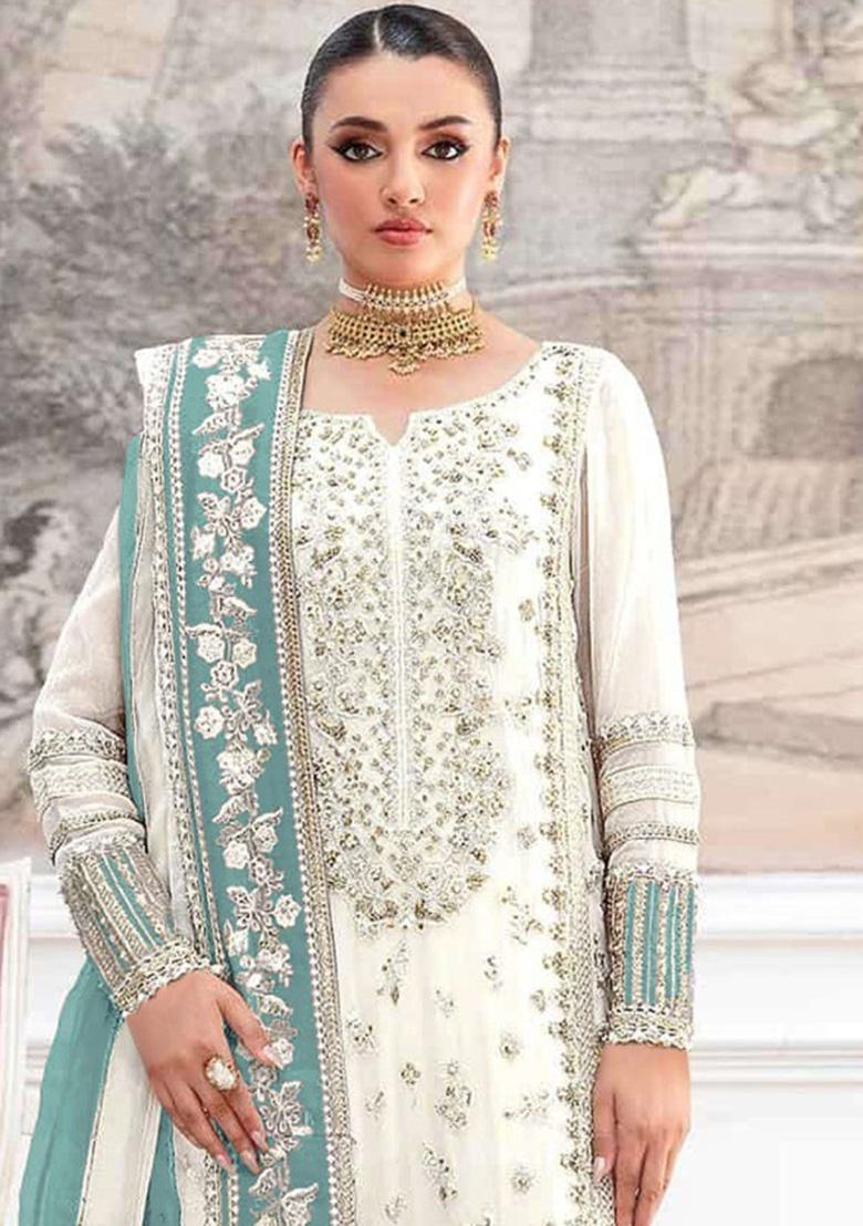 White Embroidery Silk Salwar Suit Set - Indya