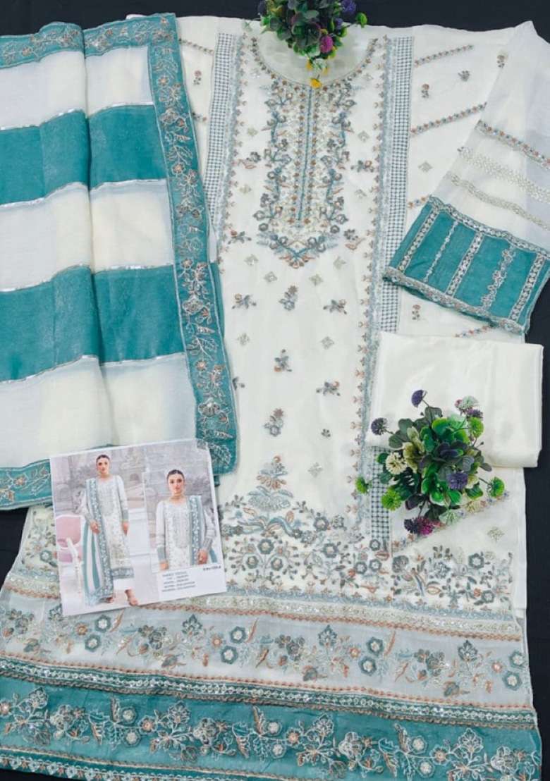 White Embroidery Silk Blend Salwar Suit Set - Indya