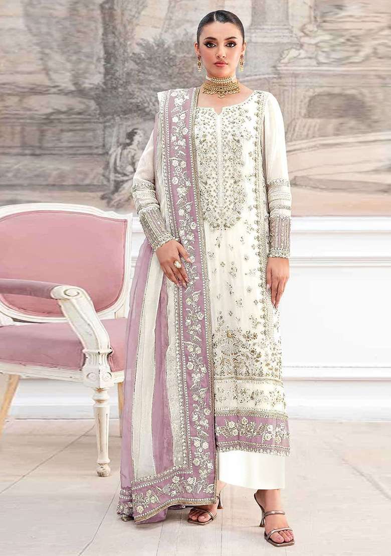 White Embroidery Silk Blend Salwar Suit Set - Indya
