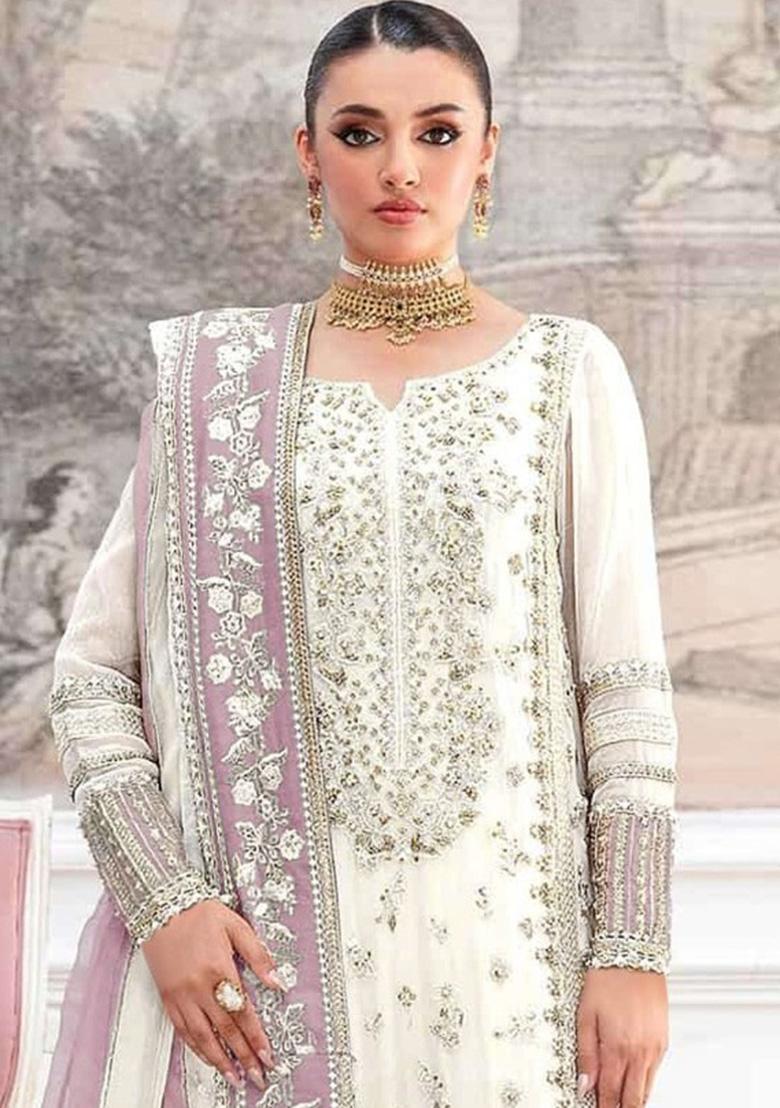 White Embroidery Silk Salwar Suit Set - Indya