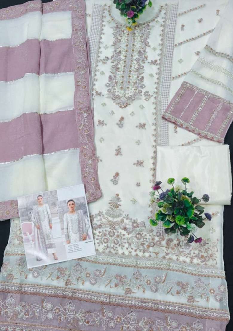 White Embroidery Silk Blend Salwar Suit Set - Indya