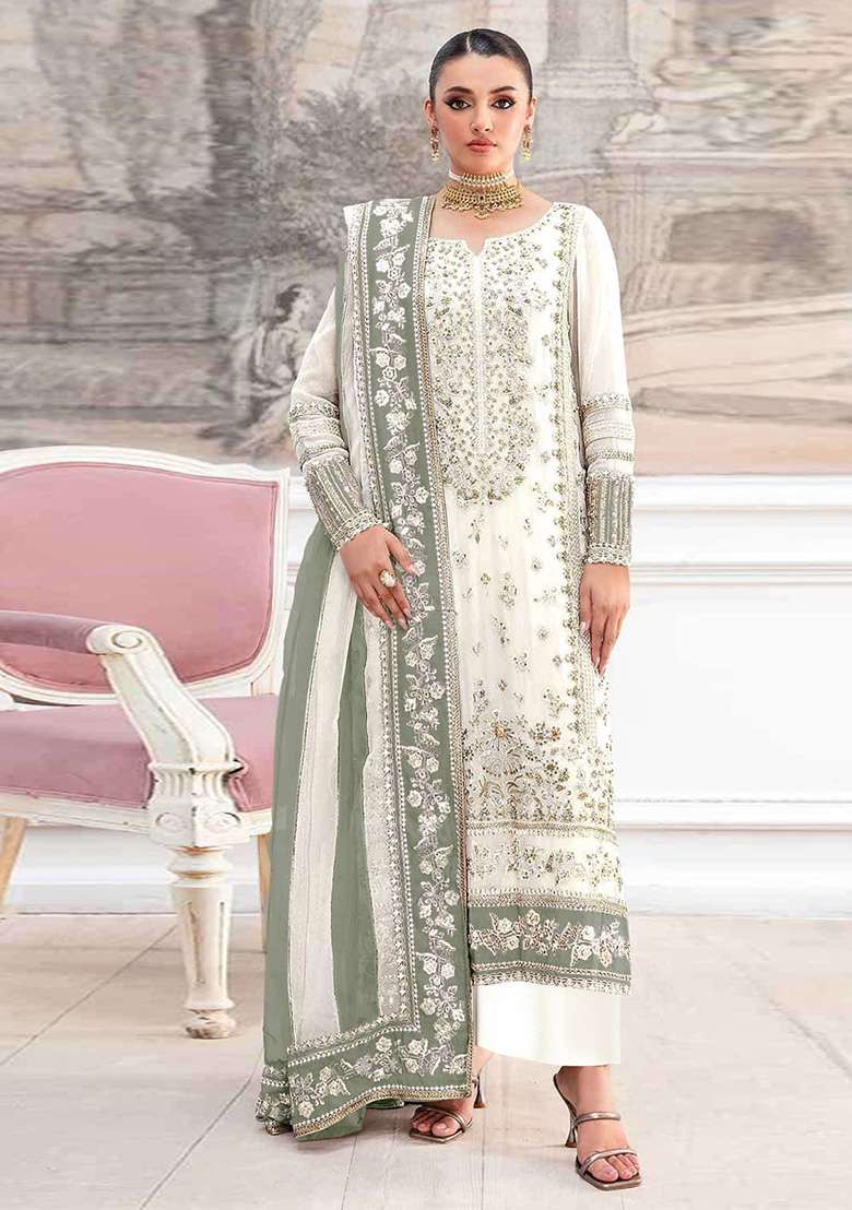 White Embroidery Silk Blend Salwar Suit Set - Indya