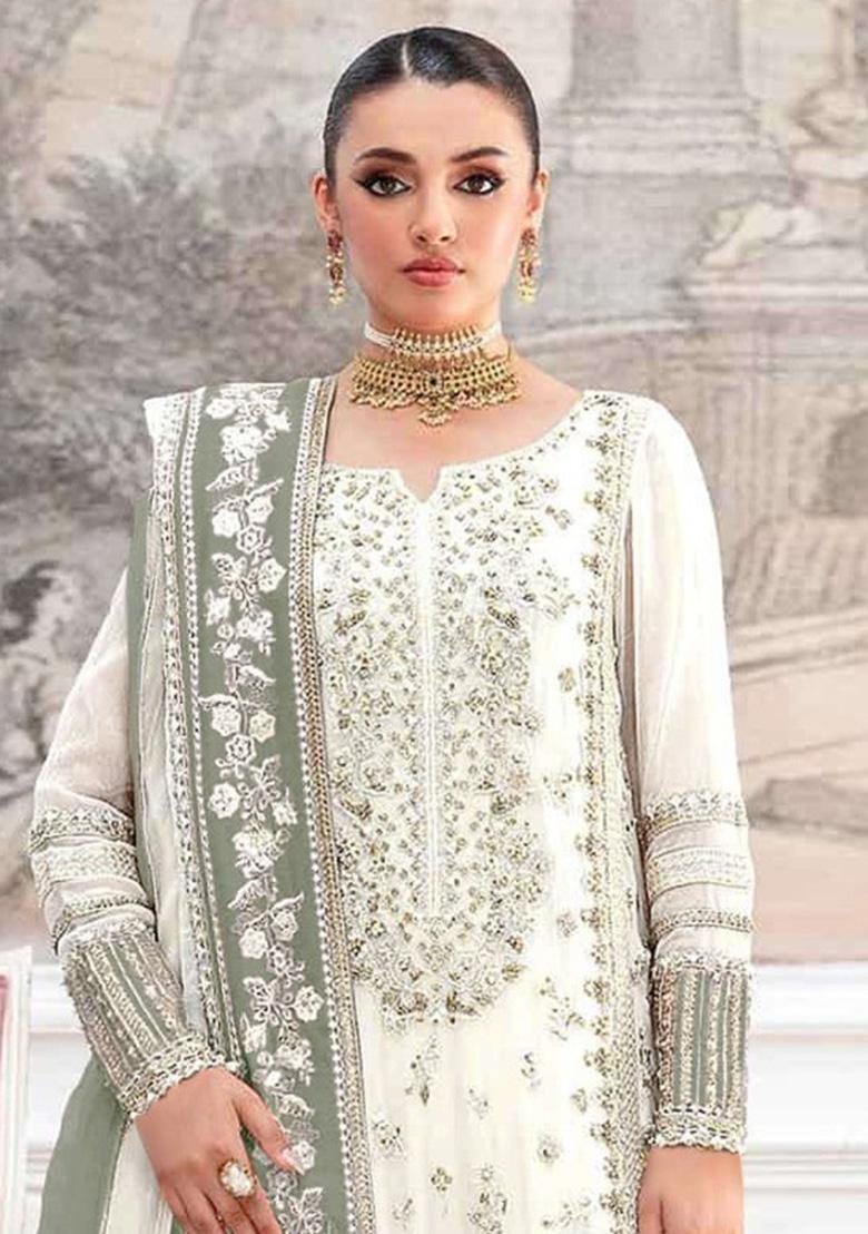 White Embroidery Silk Salwar Suit Set - Indya