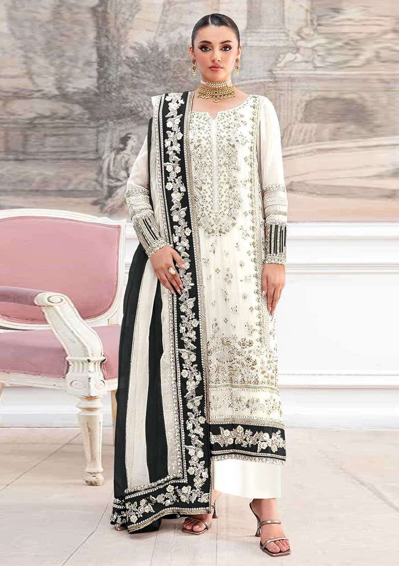 White Embroidery Silk Blend Salwar Suit Set - Indya