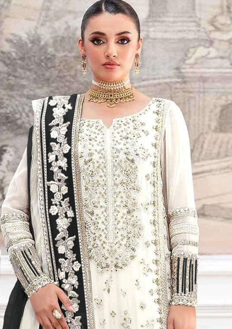 White Embroidery Silk Salwar Suit Set - Indya