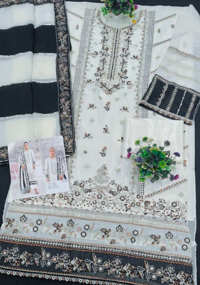 White Embroidery Silk Blend Salwar Suit Set - Indya