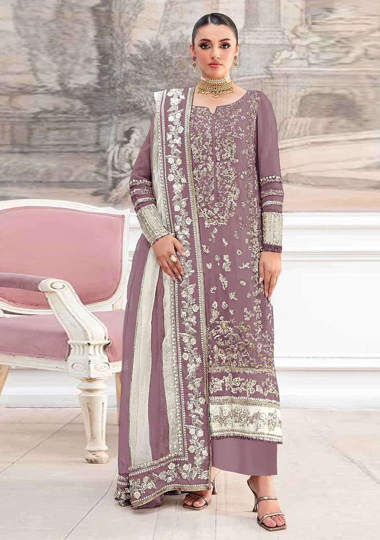Brown Embroidery Silk Blend Salwar Suit Set - Indya