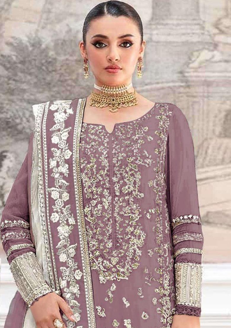 Brown Embroidery Silk Salwar Suit Set - Indya