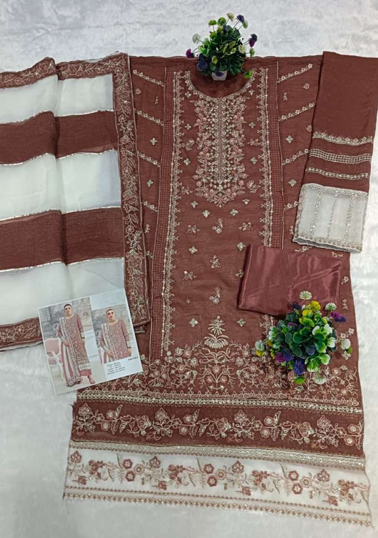 Brown Embroidery Silk Blend Salwar Suit Set - Indya