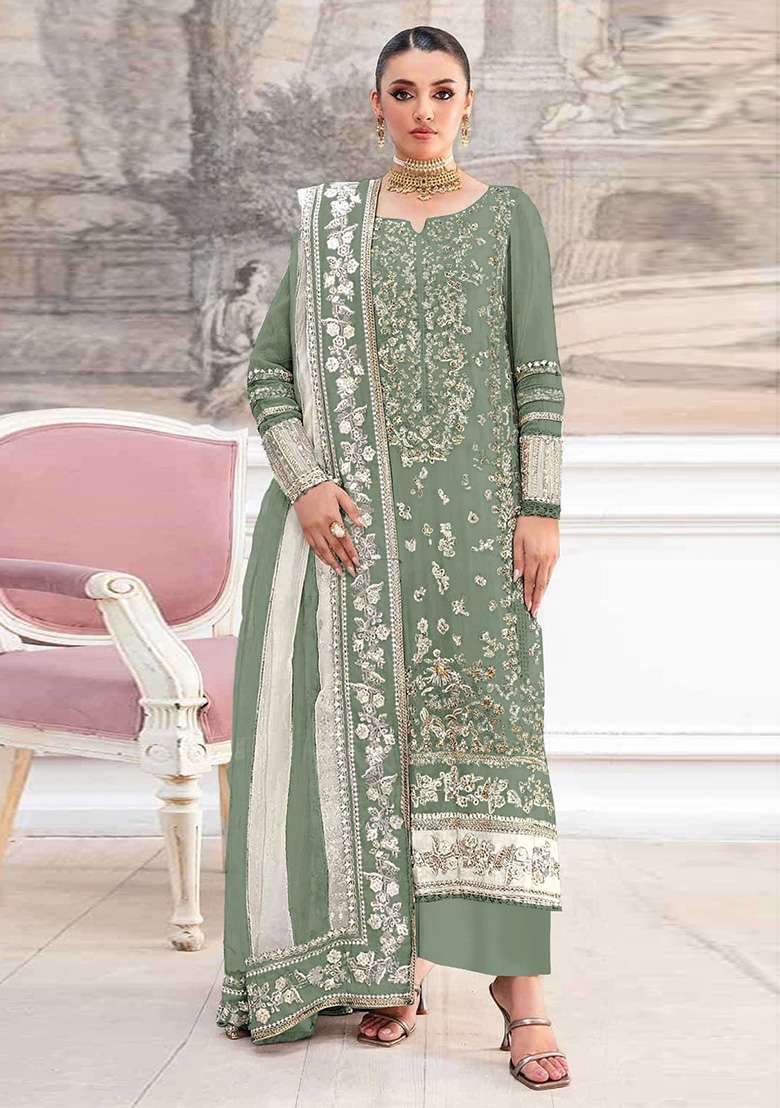 Green Embroidery Silk Blend Salwar Suit Set - Indya