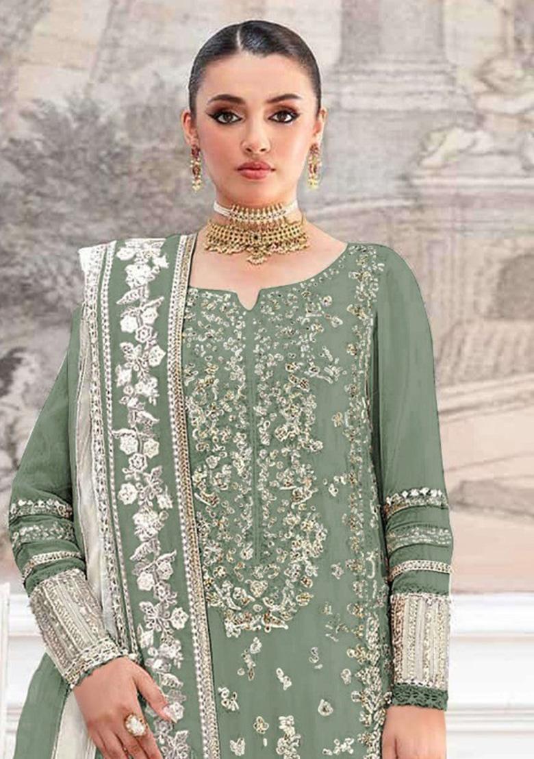 Green Embroidery Silk Salwar Suit Set - Indya