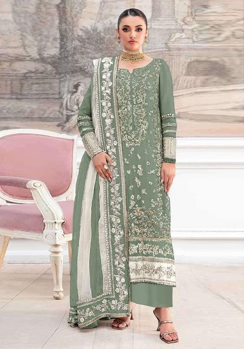 Green Embroidery Silk Salwar Suit Set