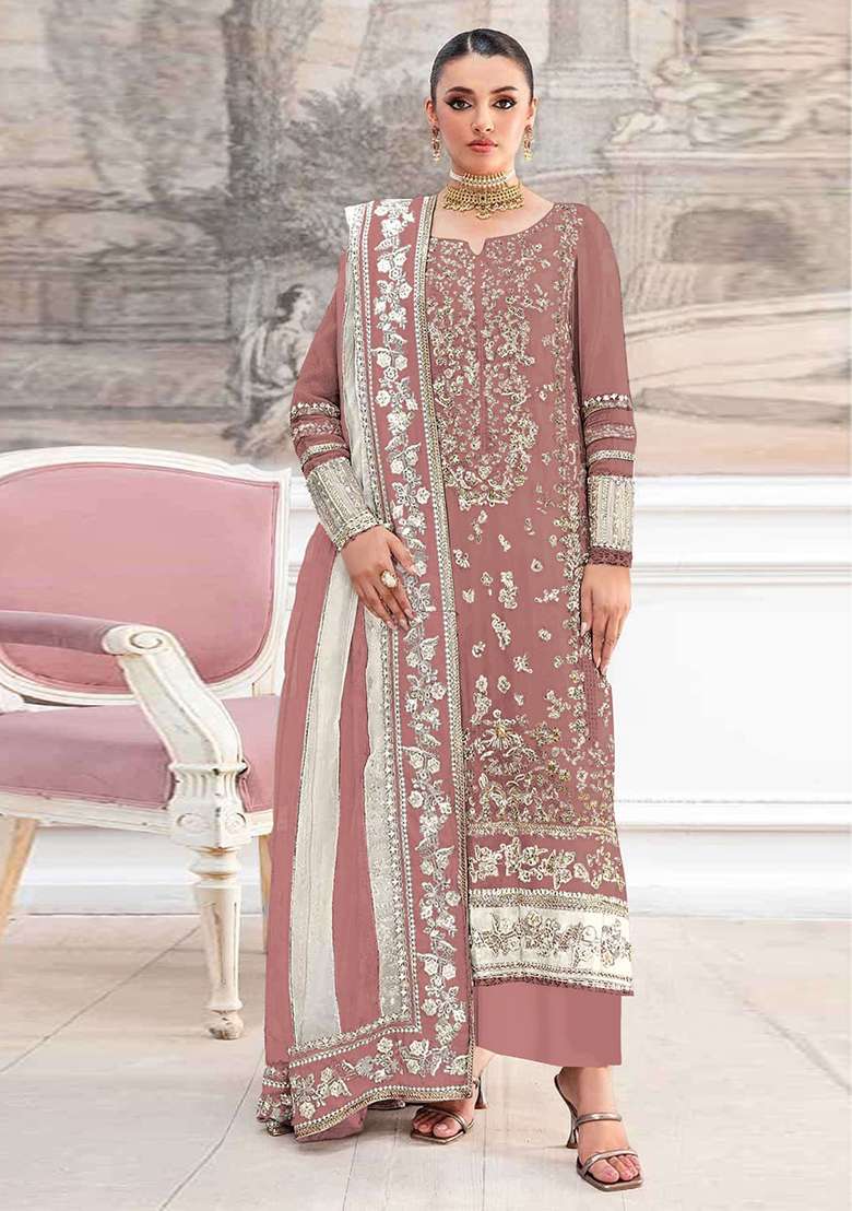 Peach Embroidery Silk Blend Salwar Suit Set - Indya