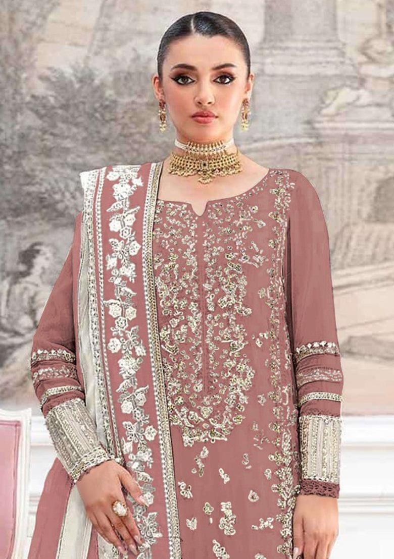 Peach Embroidery Silk Salwar Suit Set - Indya