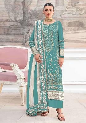 Blue Embroidery Silk Salwar Suit Set