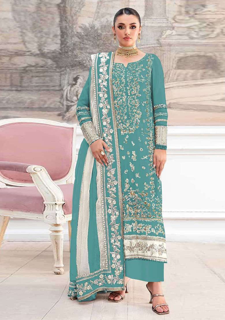 Blue Embroidery Silk Blend Salwar Suit Set - Indya