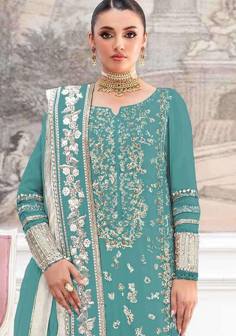Blue Embroidery Silk Salwar Suit Set - Indya