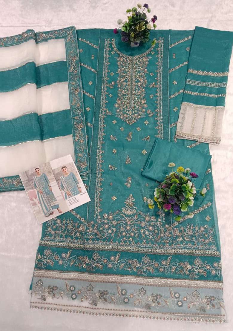 Blue Embroidery Silk Blend Salwar Suit Set - Indya